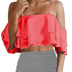 Two Piece Off Shoulder Ruffled Flounce Swimsuits